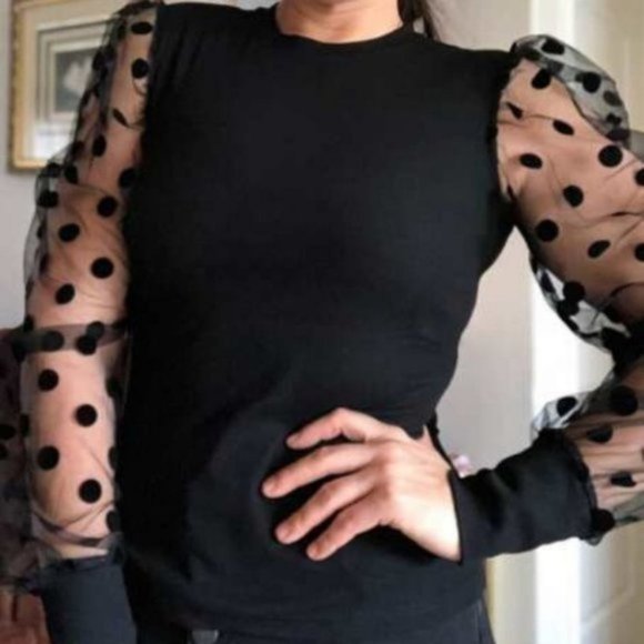 Womens Polka Dot Mesh Sleeve Top BLACK - Picture 6 of 7